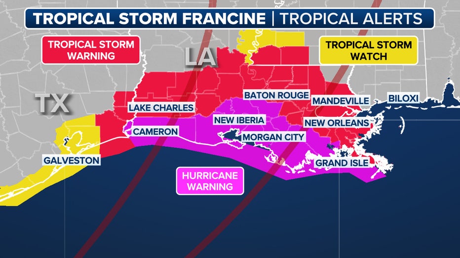 Here are current watches and warnings in effect because of Tropical Storm Francine. (FOX Weather)