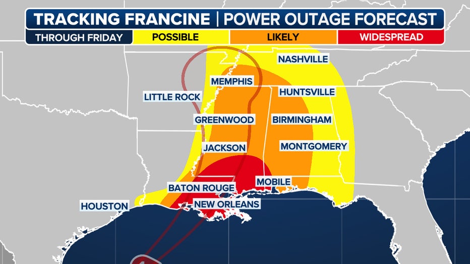 Here is the power outage forecast for Hurricane Francine. (FOX Weather)