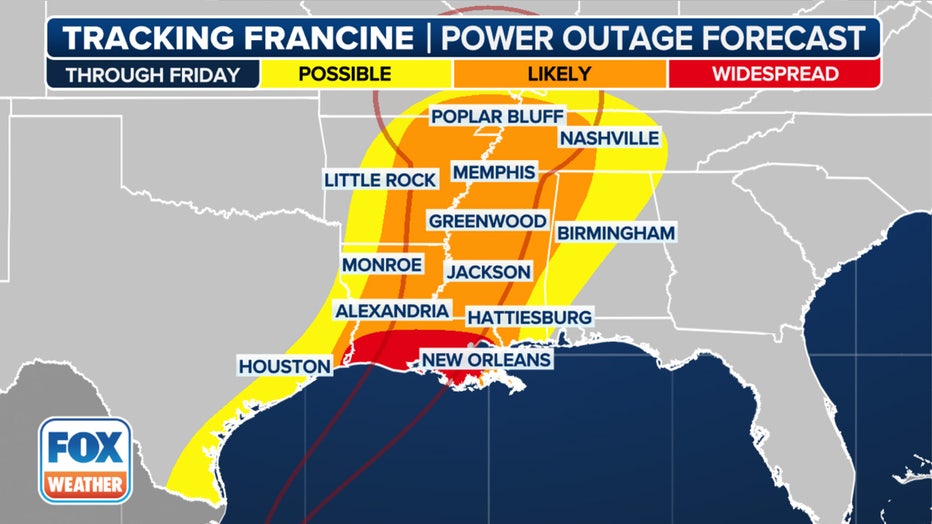 Here is the power outage forecast for Tropical Storm Francine. (FOX Weather)