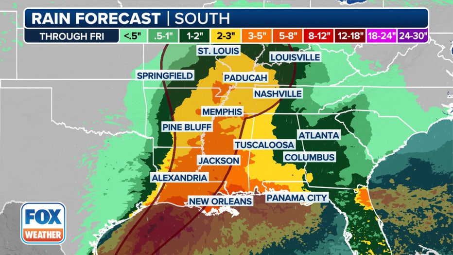 A look at the rain forecast in the South through Friday. (FOX Weather)