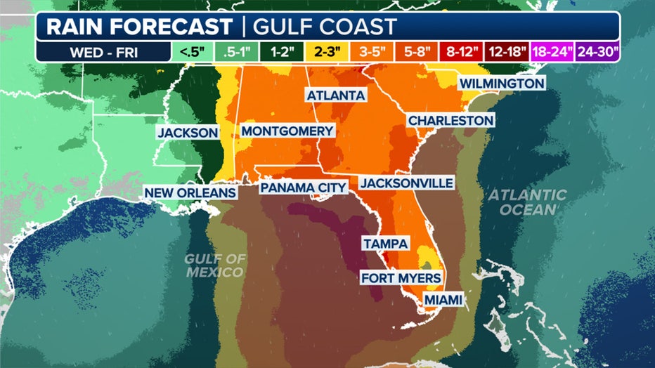 The rainfall forecast for the Southeast through Friday.(FOX Weather)