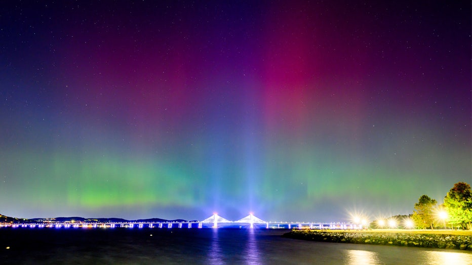 IRVINGTON, NEW YORK - OCTOBER 11: The Northern Lights or Aurora Borealis are visible over the Tappan Zee or Governor Mario M. Cuomo Bridge Bridge on October 11, 2024 near New York City. (Photo by Roy Rochlin/Getty Images)
