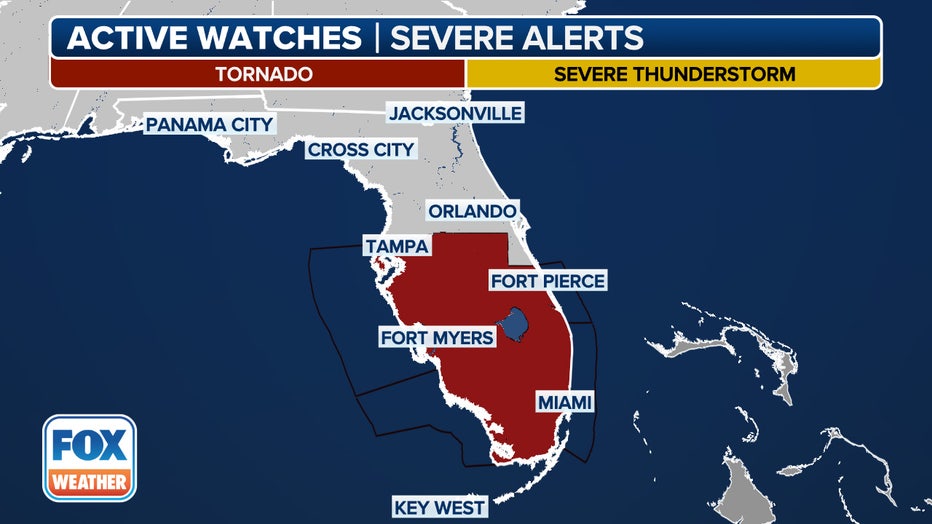 This graphic shows active Tornado Watches and Severe Thunderstorm Watches.(FOX Weather)