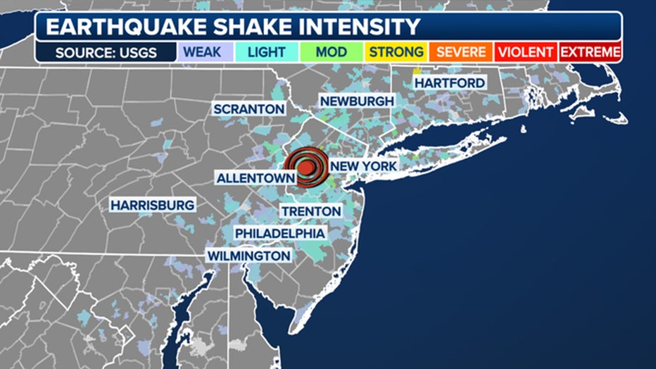 A shake intensity map from the USGS from a 4.8 earthquake that hit New Jersey on April 5, 2024.(FOX Weather)