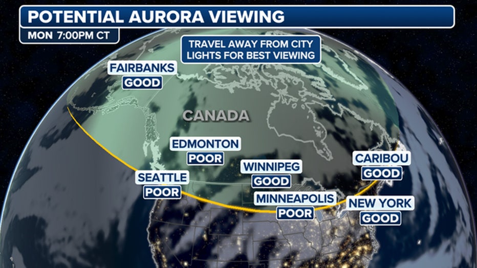 The aurora viewing forecast for Monday night when G2 Geomagnetic storming is forecast.(FOX Weather)