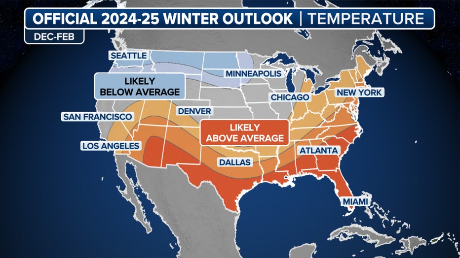 This graphic shows the temperature outlook for the 2024-25 winter season. (FOX Weather)