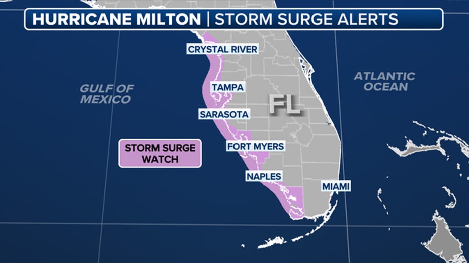 This graphic shows storm surge alerts in effect in Florida because of Hurricane Milton. (FOX Weather)