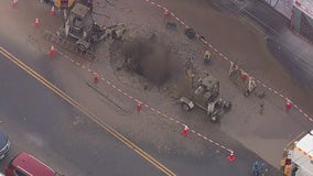 Queens gas line break causes debris to spew out of ground: VIDEO