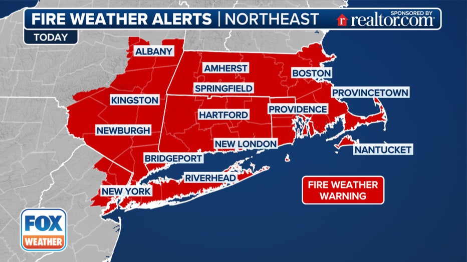 A look at the fire weather alerts issued in the Northeast through Tuesday.(FOX Weather)