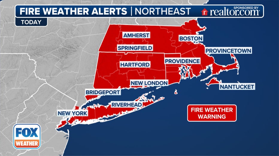 A look at the fire weather alerts issued in the Northeast through Tuesday.(FOX Weather)