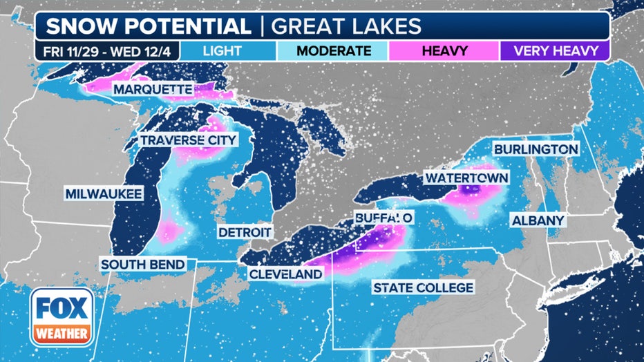 This graphic shows the lake-effect snow potential.(FOX Weather)