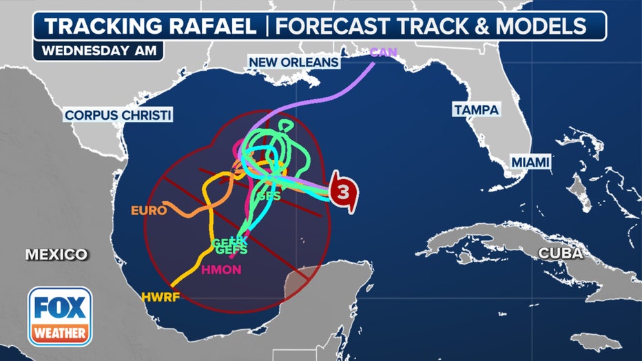 The spaghetti plots for Hurricane Rafael.(FOX Weather)