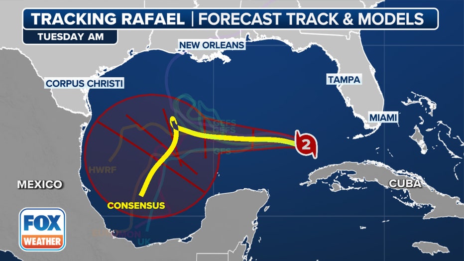 The spaghetti plots for Hurricane Rafael.(FOX Weather)