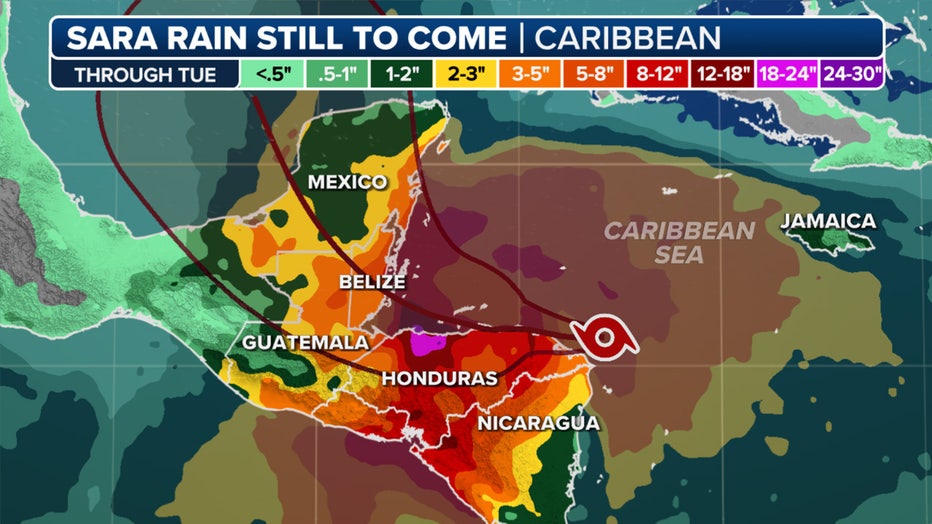 This graphic shows the rain forecast in the Caribbean through Tuesday, Nov. 19.(FOX Weather)