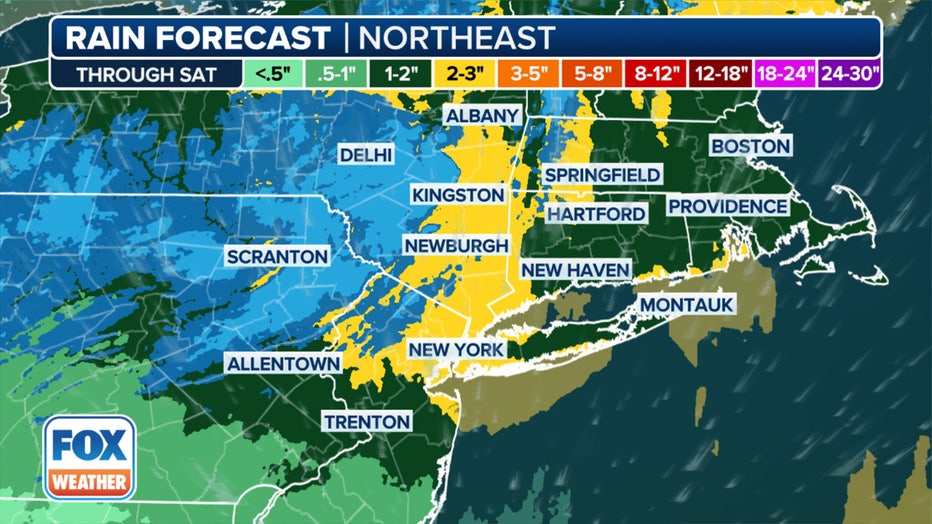 This graphiv shows forecast rain totals in the Northeast.(FOX Weather)