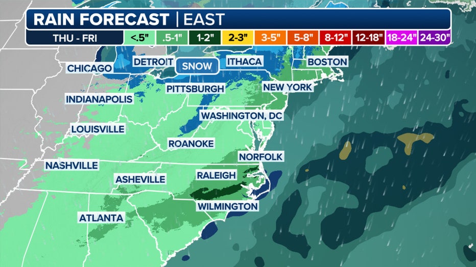 This graphic shows the rain forecast in the East.(FOX Weather)