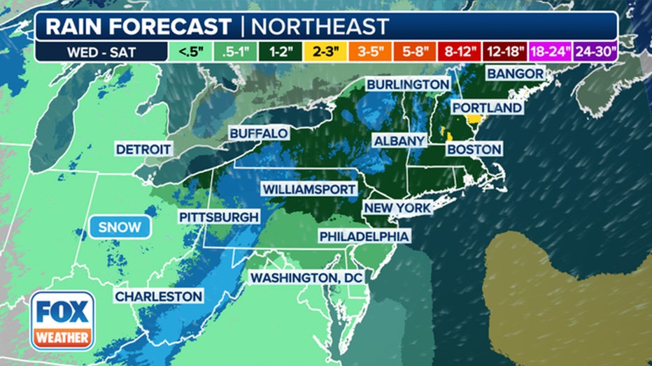 This graphic shows the forecast rain totals in the Northeast this week.(FOX Weather)