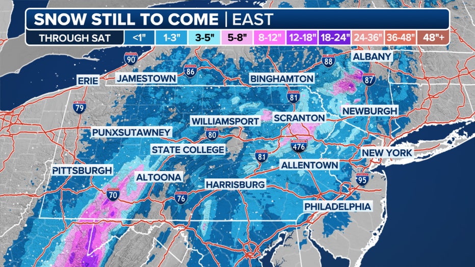 This graphic shows the forecast snow totals in the mid-Atlantic and Northeast.(FOX Weather)