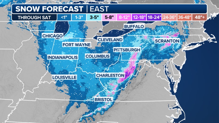 This graphic shows the forecast snow totals in the mid-Atlantic and Northeast.
(FOX Weather)