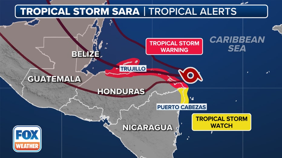 The alerts that have been issued for Tropical Storm Sara. (FOX Weather)