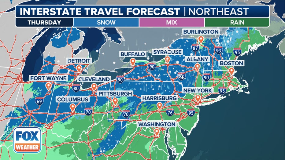 This graphic shows the interstate driving forecast in the Northeast.(FOX Weather)