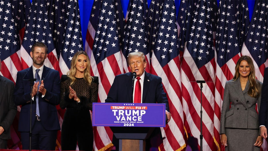 FLORIDA, UNITED STATES - NOVEMBER 06: Former US President and Republican presidential candidate Donald Trump makes a speech during an election night event at the Palm Beach Convention Center in West Palm Beach, Florida, United States, on November 06, 2024. (Photo by Brendan Gutenschwager/Anadolu via Getty Images)