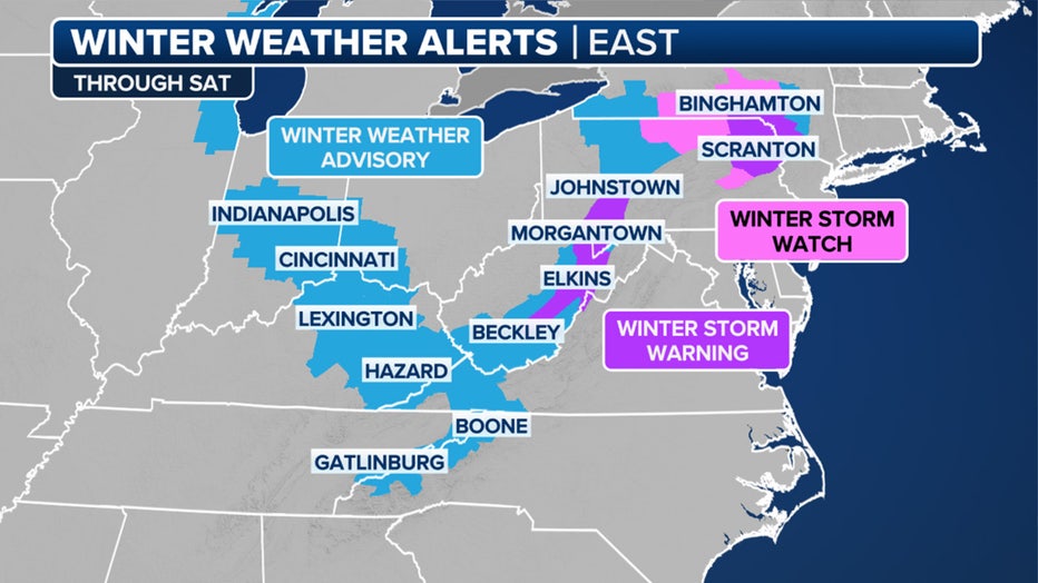 This graphic shows active winter weather alerts in the mid-Atlantic and Northeast.(FOX Weather)