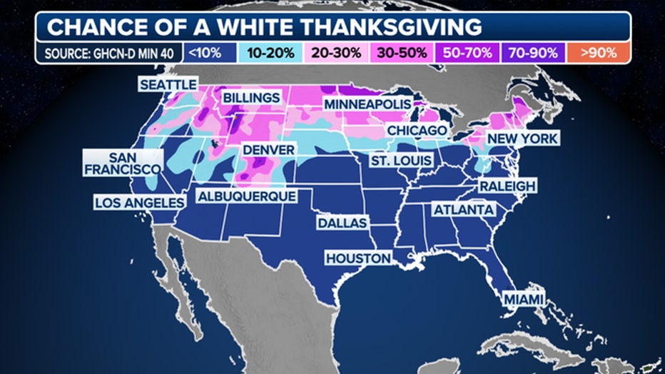 The historical probability of a white Thanksgiving.(Dr. Brian Brettschneider / GHCN-D / FOX Weather)