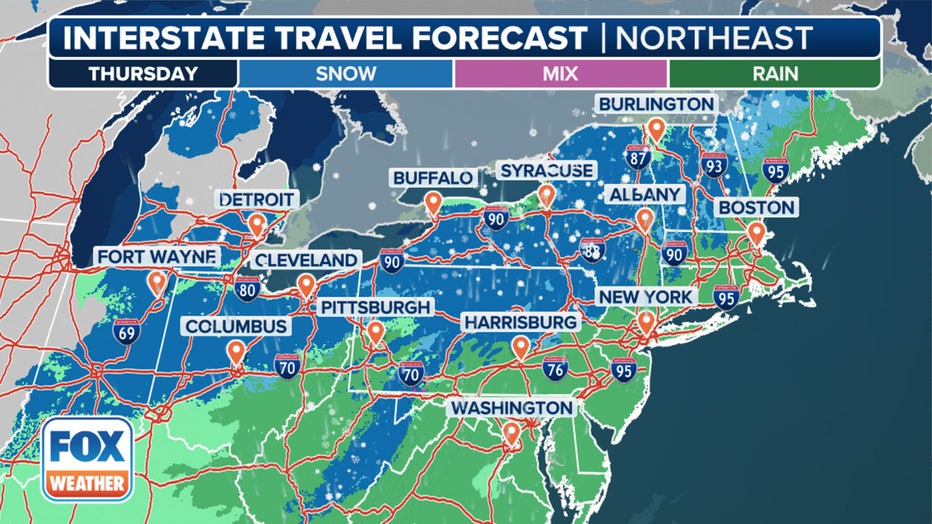 This graphic shows the interstate driving forecast in the Northeast.(FOX Weather)