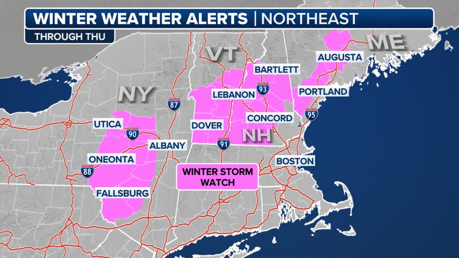 This graphic shows the winter weather alerts in effect in the Northeast.(FOX Weather)