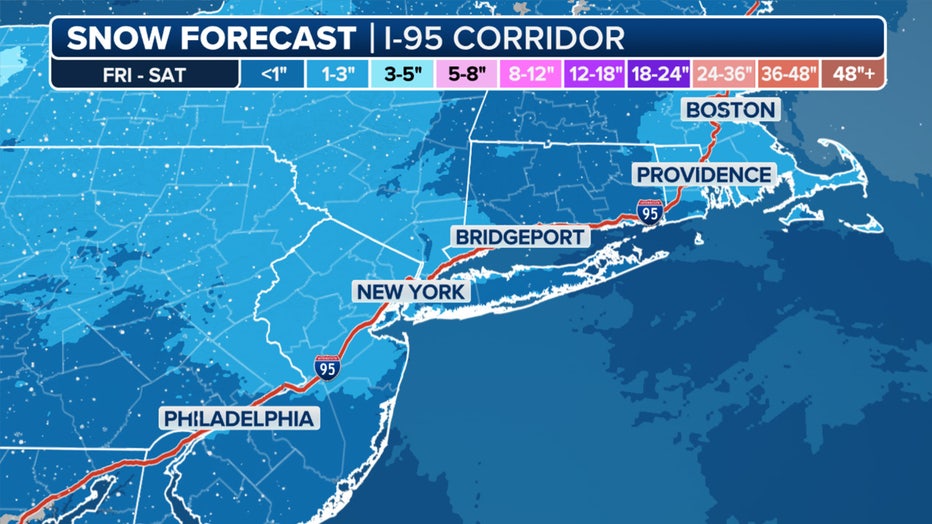 A look at the snow forecast along the I-95 corridor through Saturday.(FOX Weather)