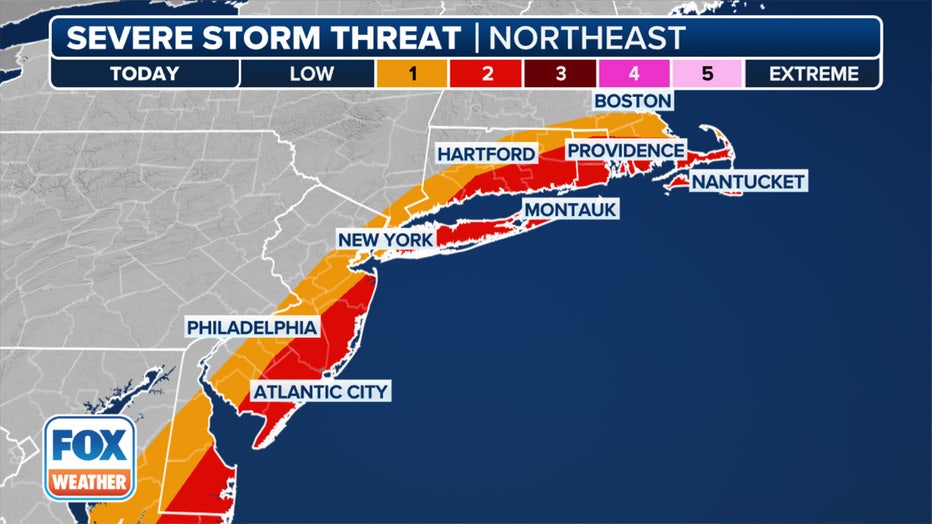 This graphic shows the severe weather threat in the Northeast.(FOX Weather)