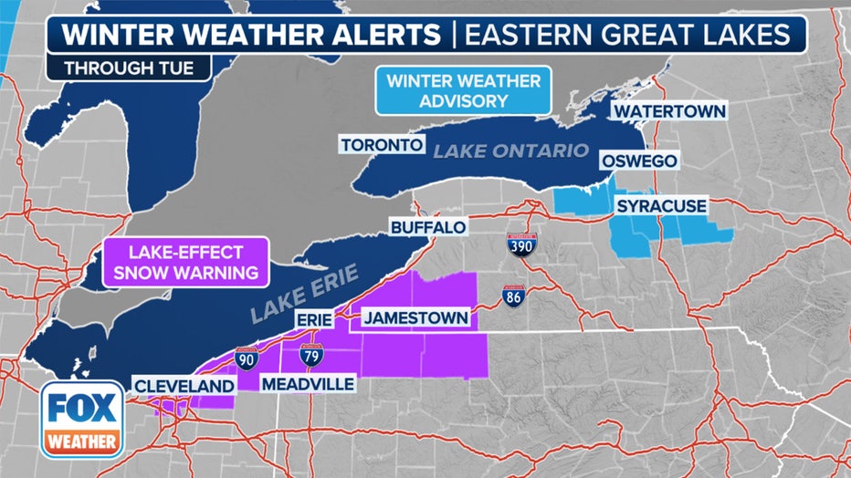 This graphic shows the winter weather alerts in effect. (FOX Weather)