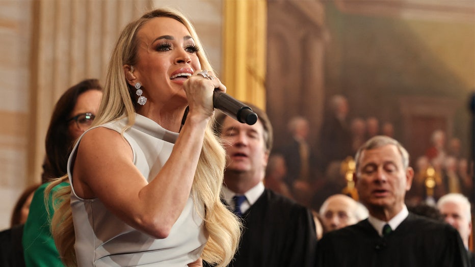 Country music artist Carrie Underwood performs during inauguration ceremonies in the Rotunda of the US Capitol on January 20, 2025 in Washington, DC. Donald Trump takes office for his second term as the 47th president of the United States. (Photo by Chip Somodevilla / AFP) (Photo by CHIP SOMODEVILLA/AFP via Getty Images)
