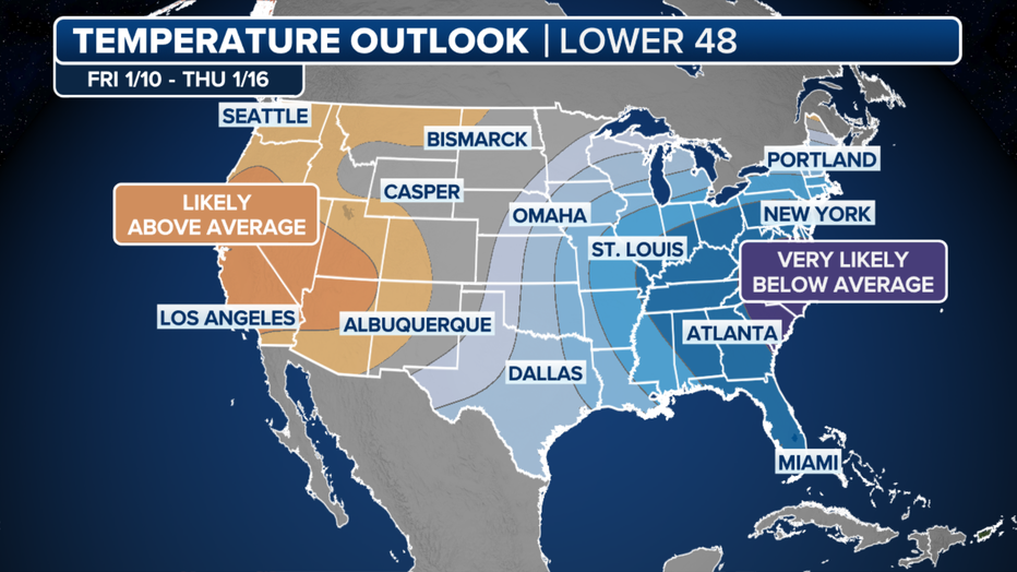 This graphic shows the temperature outlook starting Jan. 9, 2025.(FOX Weather)