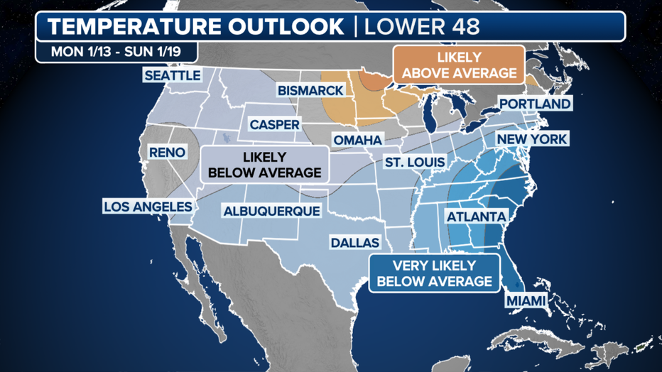 This graphic shows the temperature outlook starting Jan. 9, 2025.(FOX Weather)