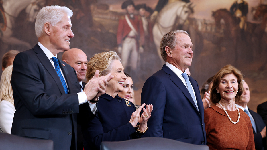 (L-R) Former US President Bill Clinton, former US Secretary of State Hillary Clinton, former US President George W. Bush and former first lady Laura Bush attend the inauguration ceremony where Donald Trump will sworn in as the 47th US President in the US Capitol Rotunda in Washington, DC, on January 20, 2025. (Photo by Chip Somodevilla / POOL / AFP) (Photo by CHIP SOMODEVILLA/POOL/AFP via Getty Images)