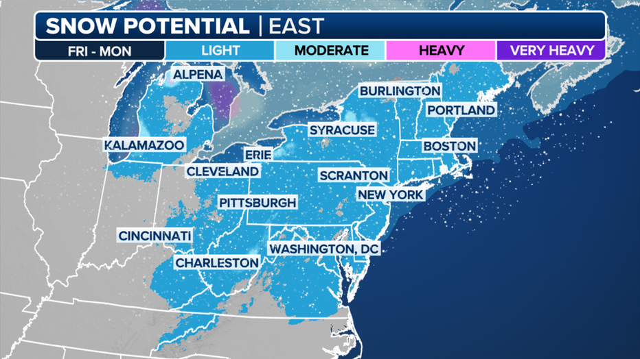 Snow potential in the east through Monday. (FOX Weather)