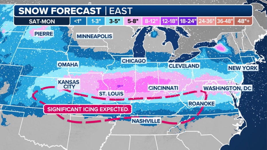 This graphic shows the snow potential in the East through Monday. (FOX Weather)