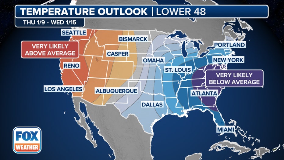 This graphic shows the temperature outlook starting Jan. 9, 2025. (FOX Weather)