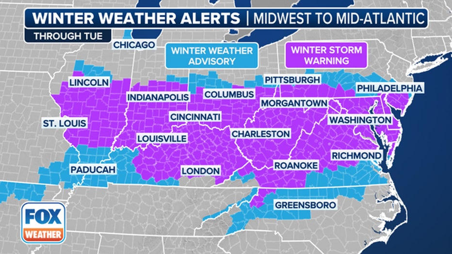 This graphic shows active winter weather alerts.(FOX Weather)