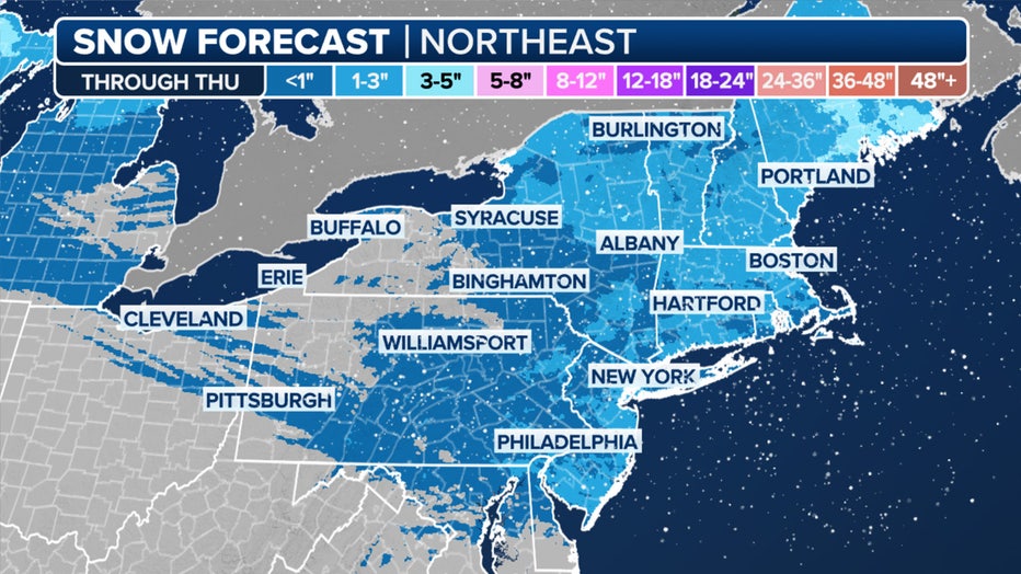 This graphic shows the expected snow -totals in northeast and New England up to and including Thursday, January 6, 2025. (Fox Weather)