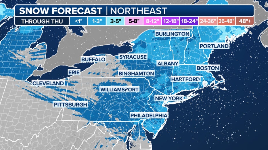 This graphic shows the forecast snow totals in the Northeast and New England through Thursday, Jan. 6, 2025. (FOX Weather)
