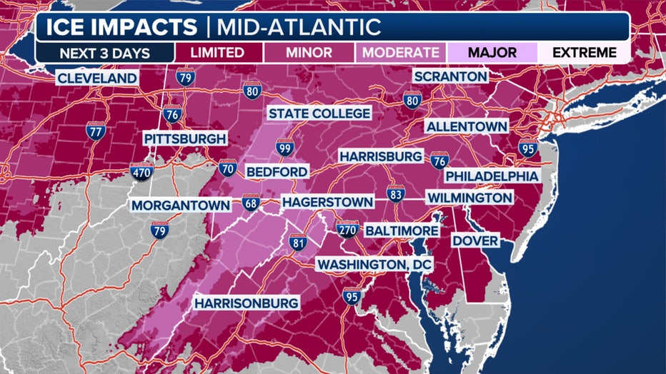 This graphic shows the possible ice imacts over the next three days. (FOX Weather)