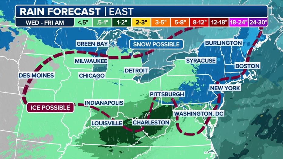 This graphic shws the rain forecast in the Northeast and New England.(FOX Weather)
