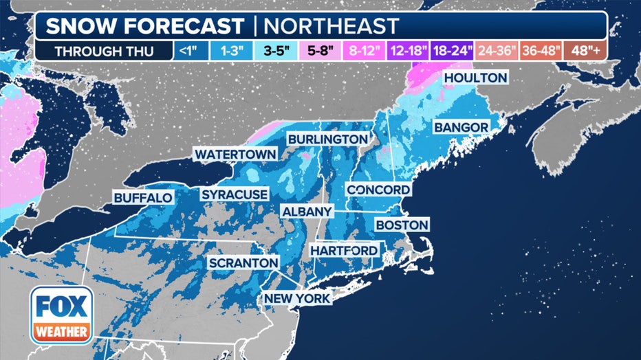 This graphic shows the forecast snow totals in the Northeast and New England.(FOX Weather)