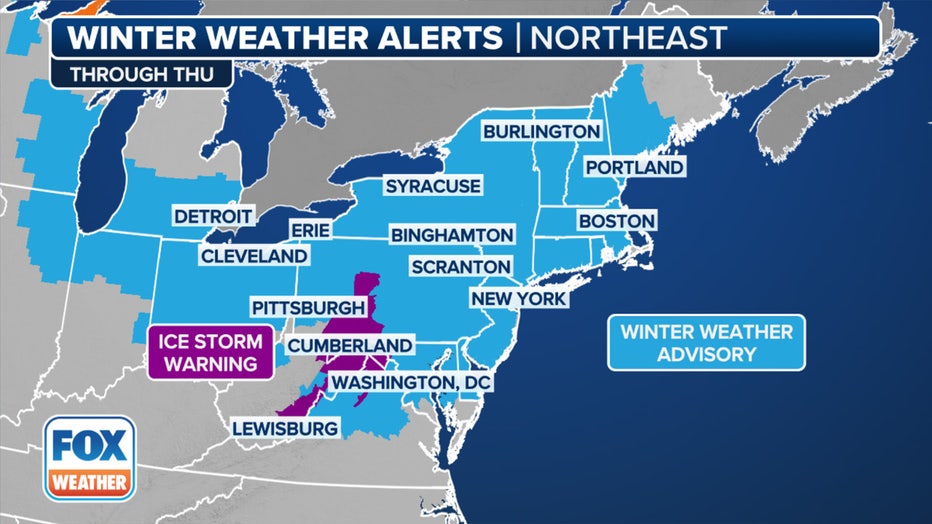 This graphic shows winter weather arms in effect in northeastern and New England. (Fox Weather)