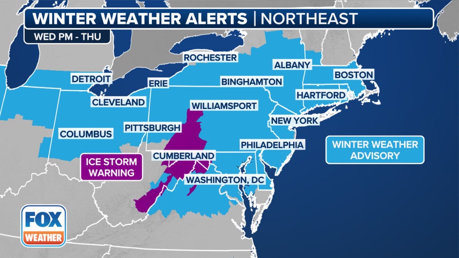 This graphic shows winter weather arms in force in the Midwest. (Fox Weather)