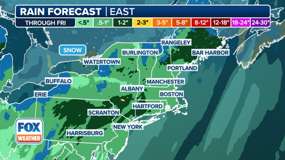 Rain is in the forecast in the East through Friday, March 7, 2025.(FOX Weather)