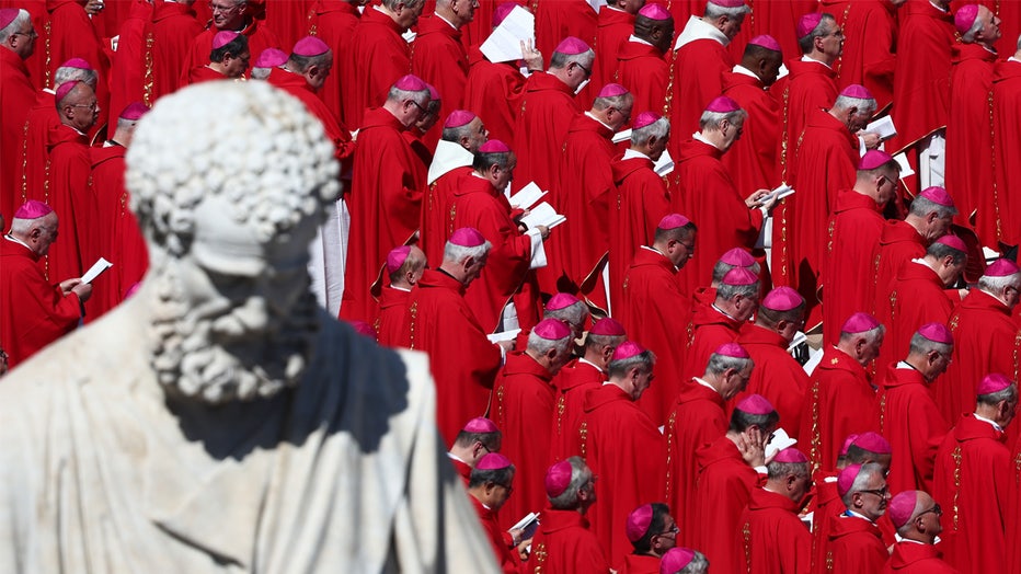 Saint Peter's statue and cardinals during the funeral ceremony of Pope Francis at Saint Peter's Square in Vatican on April 26, 2025. (Photo by Jakub Porzycki/NurPhoto via Getty Images)